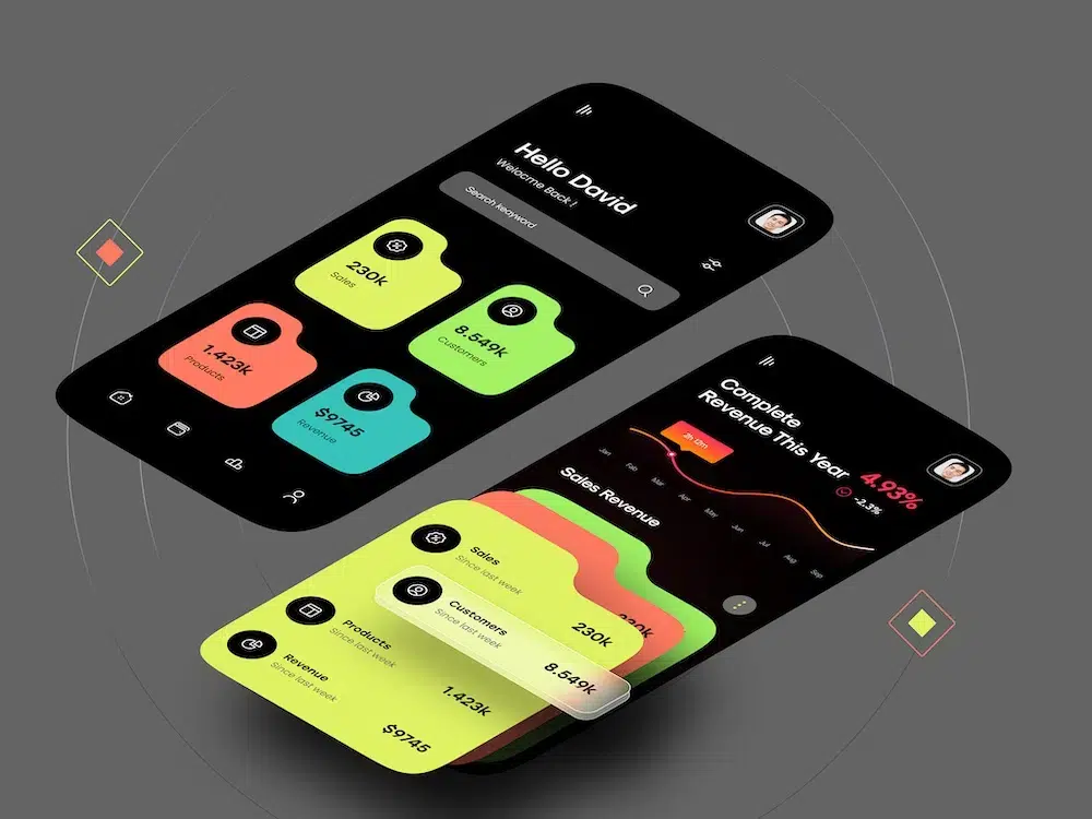 Giao diện app di động với màn hình thông báo và bảng số liệu