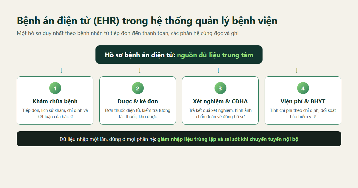 Sơ đồ bệnh án điện tử EHR kết nối 4 phân hệ: khám chữa bệnh, dược và kê đơn, xét nghiệm và chẩn đoán hình ảnh, viện phí và bảo hiểm y tế