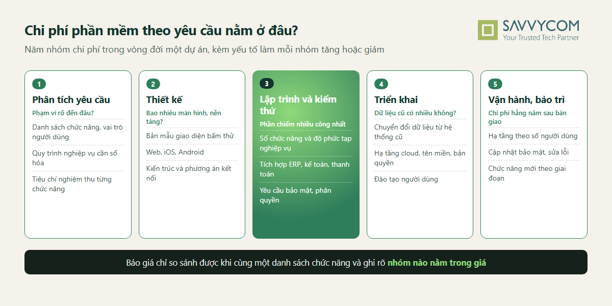 Sơ đồ chi phí phần mềm theo yêu cầu nằm ở đâu: phân tích yêu cầu, thiết kế, lập trình và kiểm thử, triển khai, vận hành và bảo trì